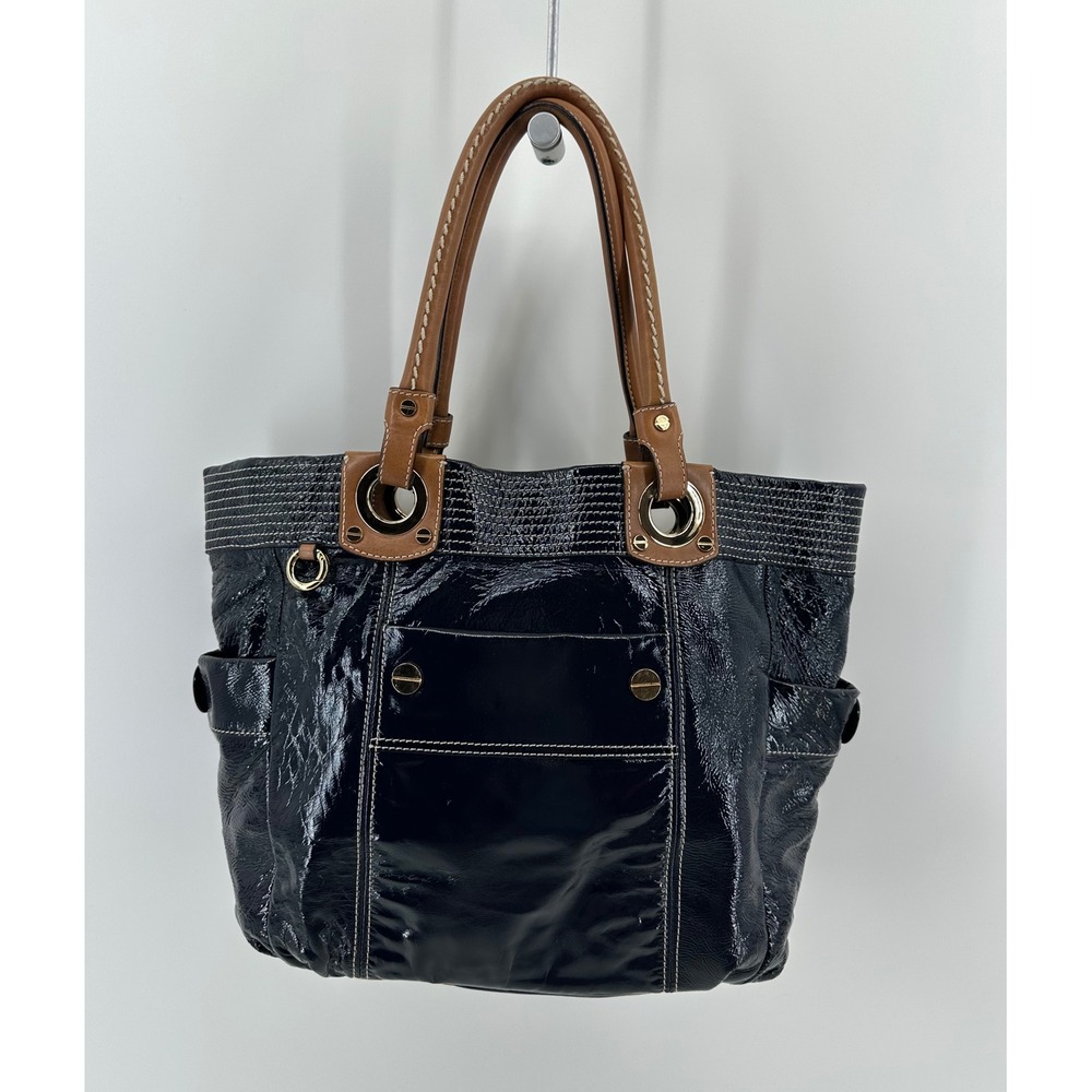 Milly Black Patent Leather Tote Bag Tan Trim Gold Hardware Shoulder Bag